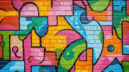 Obraz premium Pop art graffiti on a brick wall, full of bright colors and bold shapes, representing a lively urban street culture