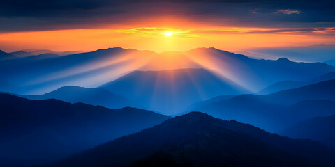 Obraz premium A Vivid Sunset Casts Long Shadows Across a Mountain Range, Creating a Dramatic and Serene Scene