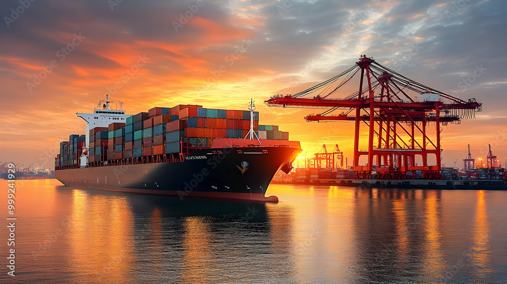 Canvas Prints Cargo Ship Docks at Port Under Sunset Sky