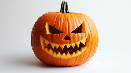 Fototapeta premium Isolated spooky jack-o-lantern with carved evil smile on white background, perfect for Halloween decoration