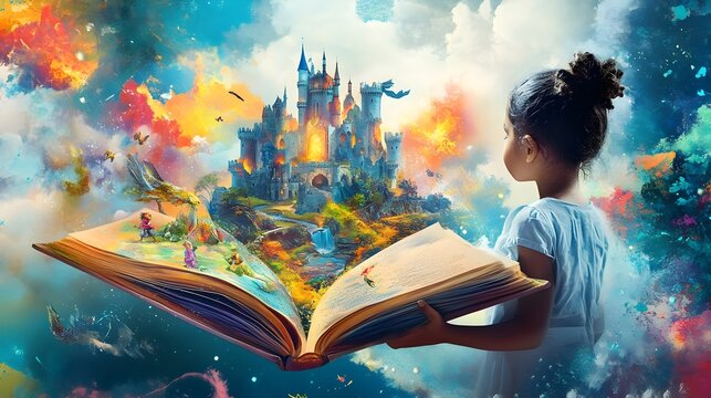 Whimsical of a child holding an open storybook with vibrant fantasy scenes of castles dragons and adventure filled landscapes popping up from the pages set against an imaginative colorful background