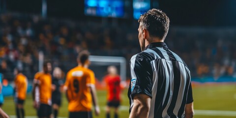 Fototapeta premium A close-up of a referees whistle just after a call, with players' reactions and the tension of competition visible in the background