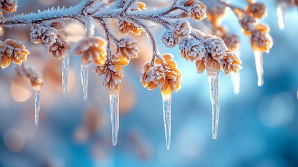 Icicles hang from a frosted branch, creating a wintery scene.