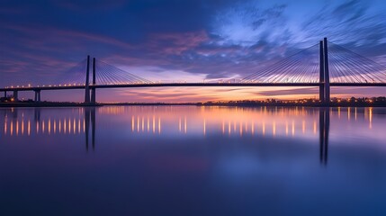 Obraz premium Graceful suspension bridge with elegant structure spanning a tranquil river its reflection shimmering on the calm water below under a peaceful twilight sky