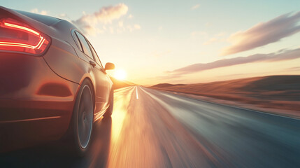 3d car sedan rides on the road to meet the sunset. Luxury Car Driving on Scenic Road at Sunset, capturing the essence of freedom and elegance in motion.
