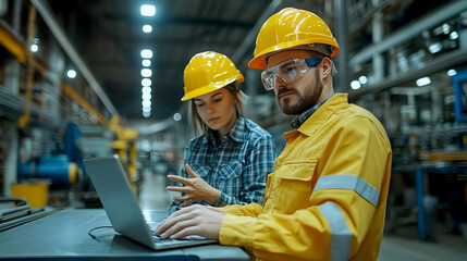 Factory Workers Using Laptop for Production Monitoring and  Analysis