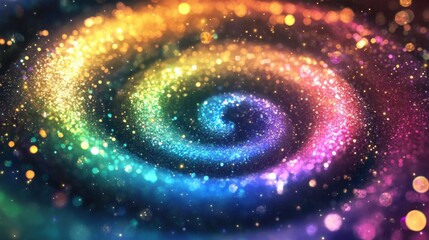 Fototapeta premium Rainbow spiral of fairy dust and glitter spinning into a galaxy of stars, evoking a magical fantasy atmosphere