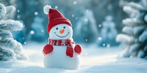 Fototapeta premium Realistic snowman smiling standing in snow near spruce trees. Cute new year, christmas holiday character smiling in red mittens scarf and hat