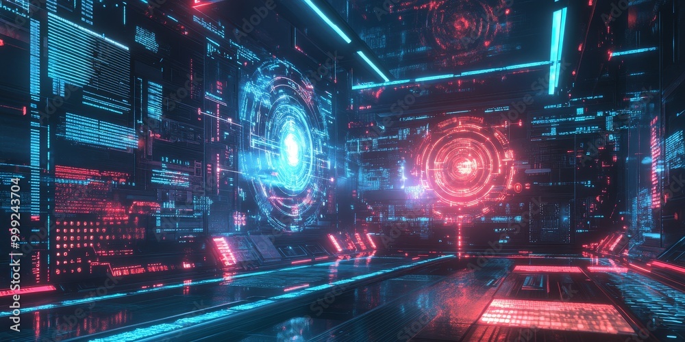 Poster A futuristic AI system in a cyberpunk environment, showcasing glowing neural networks, advanced data processing, and a vibrant high-tech aesthetic.