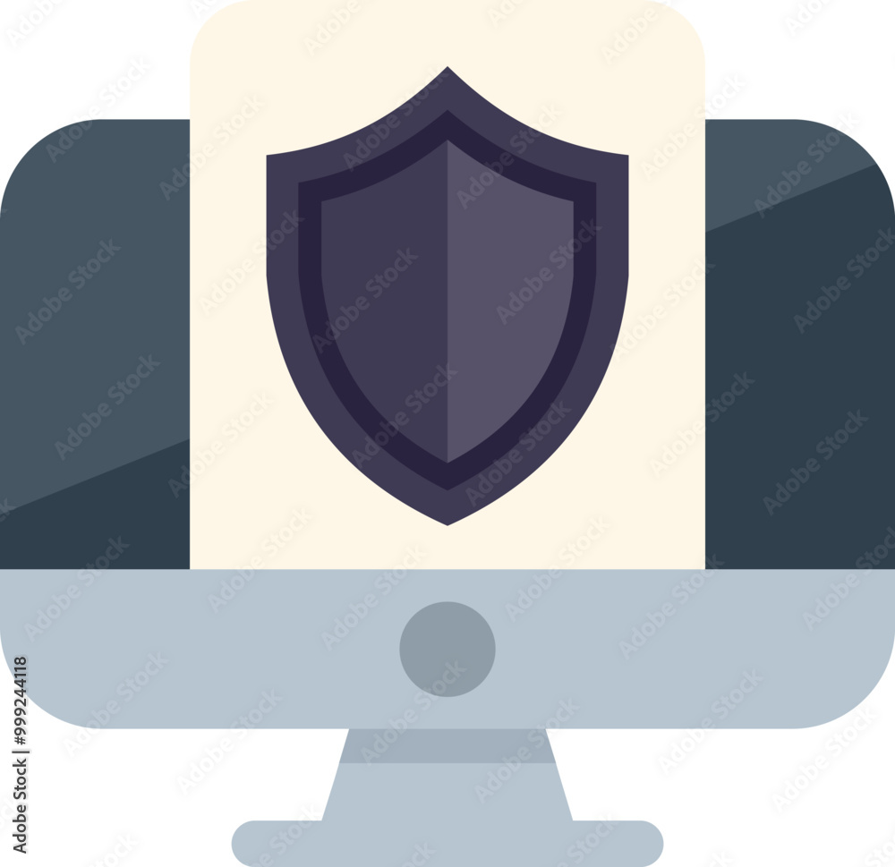 Poster desktop computer displaying a security shield icon, representing data protection and cybersecurity m