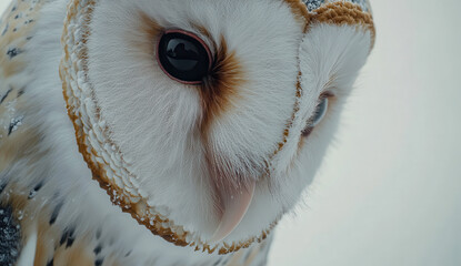 Close-up of a majestic barn owl's face in a wintery setting.