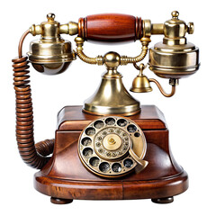 An antique rotary phone features a polished wooden base and brass accents demonstrating vintage craftsmanship against a clean white backdrop