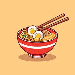 Ramen Noodle Egg And Meat With Chopstick Cartoon Vector Icon Illustration.