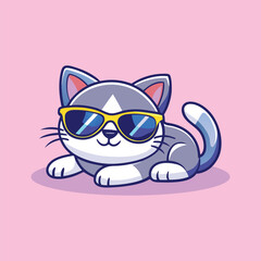 Cute Cool Cat Wearing Glasses Cartoon Vector Icon Illustration.