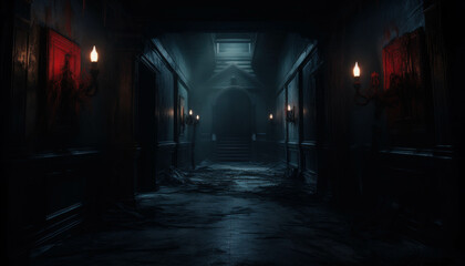 Dimly Lit Hallway in an Abandoned Mansion