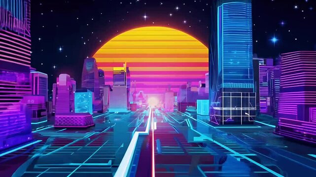 seamless 4K loop flythrough retrofuturistic cityscape inspired 80s scifi vaporwave aesthetics set starry space background perfect EDM music videos retro city landscape futuristic synth wave flight