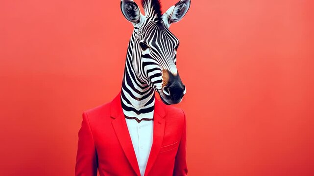 A zebra in a red suit stands against a coral background