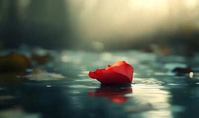 Single Rose Petal Drifting Down River Symbolizing Sadness of Letting Go