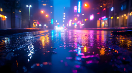 Fototapeta premium City Lights Reflecting on Wet Pavement After Rain