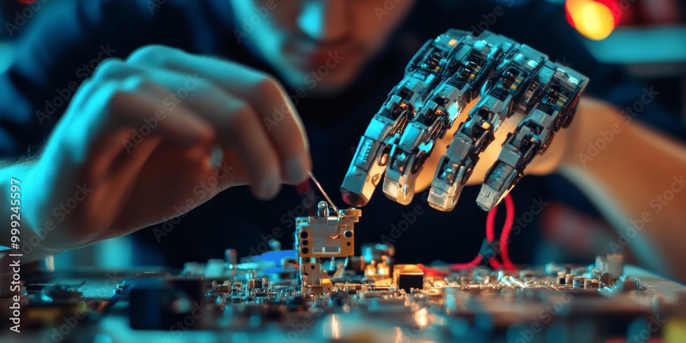 Aufkleber a robotics engineer calibrating sensors on a prototype, intricate circuitry and advanced components in focus, showing the precision of robotic engineering.