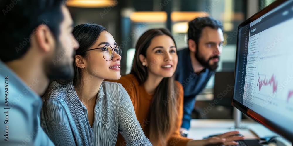 Poster professionals collaborate in a high-tech office, with data displayed on screens and serious expressi