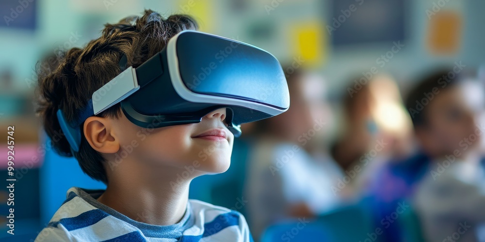 Poster a close-up features virtual reality goggles in a classroom, focusing on the tech and a curious expre