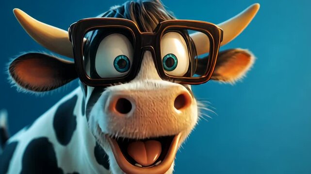 A close-up image of a cartoon cow wearing glasses and smiling