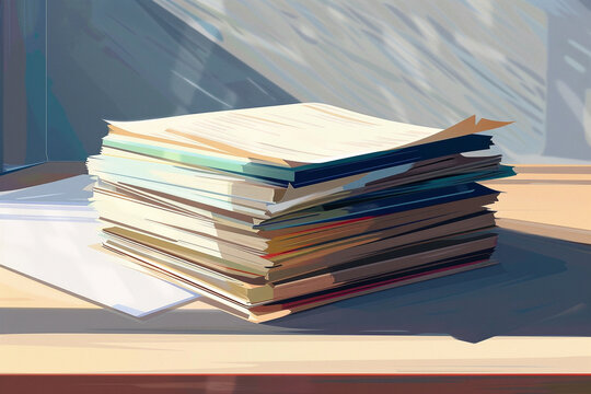 Flat Design of a Stack of Papers on a Desk &ndash; Beautiful Side Lighting Creates Stunning Shadows Along the Edges of the Documents, Perfect for Professional and Organized Workspaces
