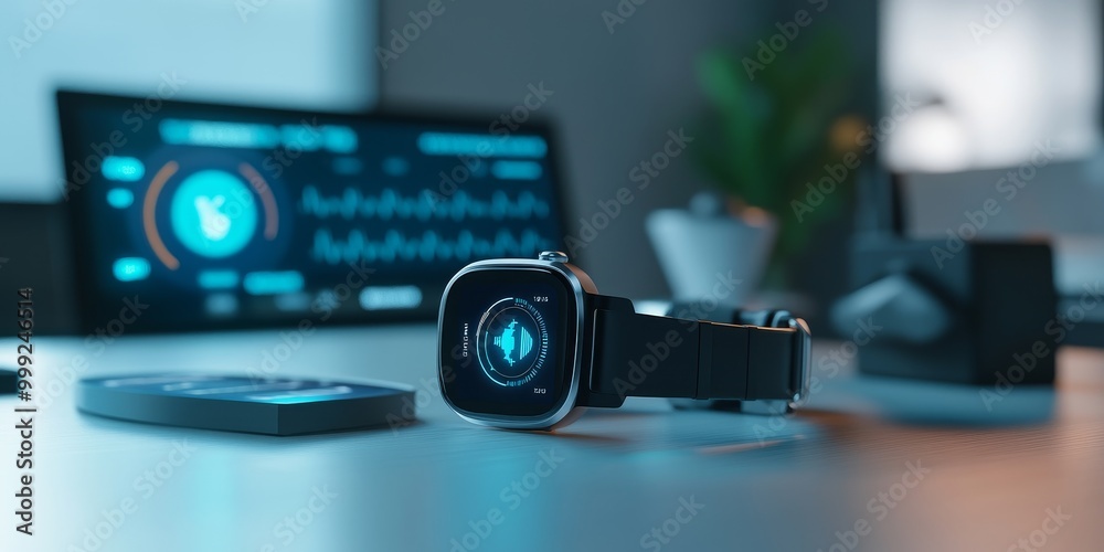 Poster a healthcare iot solution, showing a wearable device transmitting patient data to a medical app, imp