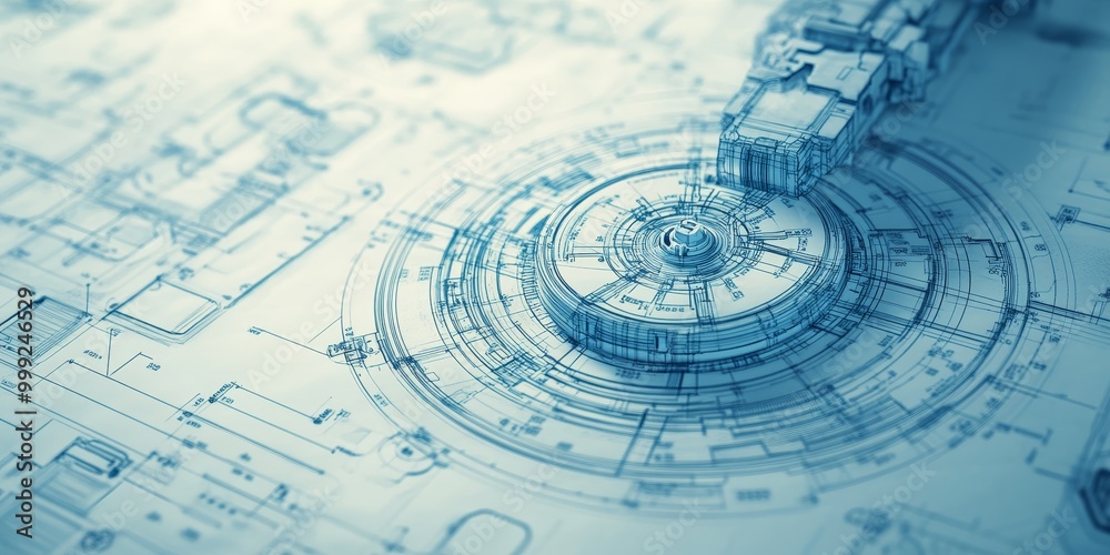 Fototapete macro shot of a robotic engineering blueprint, featuring intricate design details and specifications