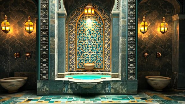 A tiled, ornate bathroom with a small pool of water and a lantern hanging from the ceiling
