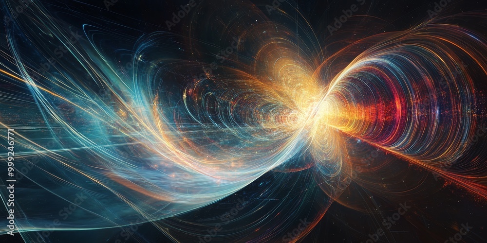 Poster electromagnetic waves propagating through space, with electric and magnetic field vectors oscillatin