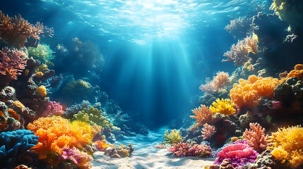 Vibrant Coral Reefs Underwater, Sunbeams Shine Through Blue Water