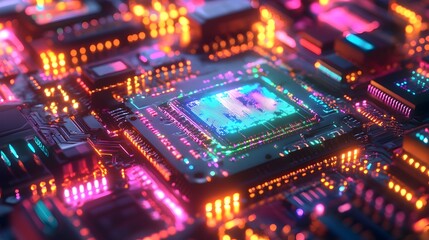 Obraz premium Closeup of a Futuristic Microchip Featuring Holographic Displays Intricate Patterns and Glowing Elements Set Against a Sleek High Tech Background