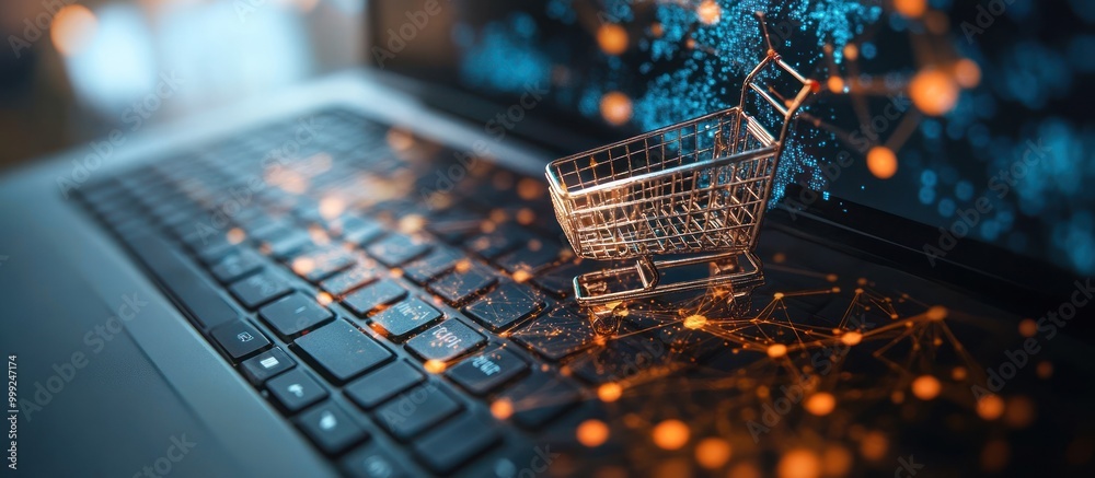 Sticker a miniature shopping cart on a laptop keyboard, with a blurred background of a computer screen with 