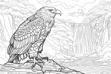 A majestic eagle perched near a serene waterfall, surrounded by lush greenery, showcasing the beauty of nature in intricate detail.