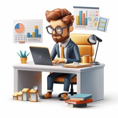 A businessman sitting at a desk in a sleek office, typing on a laptop with a cup of coffee nearby, surrounded by documents and charts, all illustrated in a 3D cartoon style. Isolated white background
