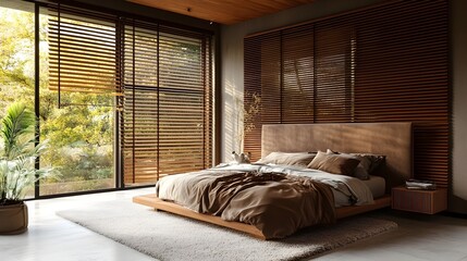Stylish modern bedroom featuring fully closed wooden blinds that complement the contemporary decor surrounded by calming colors and soft textures to create a cozy and comfortable living space