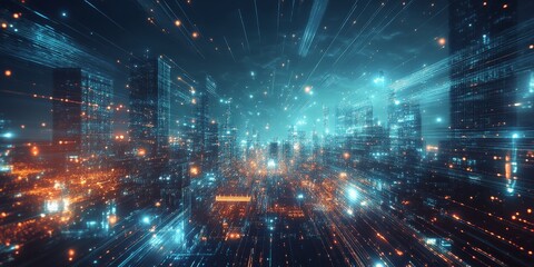 Obraz premium a highly advanced city, with futuristic infrastructure, energy grids, and dynamic urban spaces, all glowing under a starry sky.