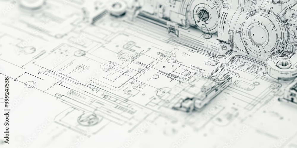 Poster Macro shot of a robotic engineering blueprint, featuring intricate design details and specifications for a new robotic project in development.