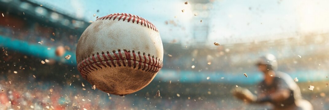 Dynamic baseball pitch captured, soaring ball in focus, blurred batter and catcher engaged in the game, vibrant stadium atmosphere