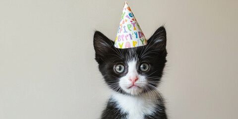 Adorable black and white kitten wearing a birthday hat, generative AI