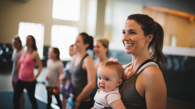 A cheerful mother holding her baby participates in a group exercise class, surrounded by other moms and babies, capturing a moment of shared wellness and community.