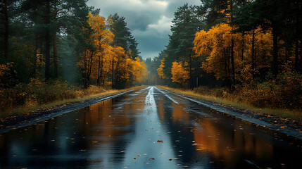Fototapeta premium Autumn Road with Reflections in a Puddles