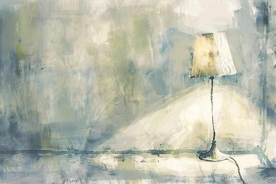 Watercolor-Style Illustration of a Lamp Emitting Soft Light &ndash; Blurred Shadows in the Foreground Enhance a Calm Atmosphere and Emphasize the Contrast Between Light and Shadow