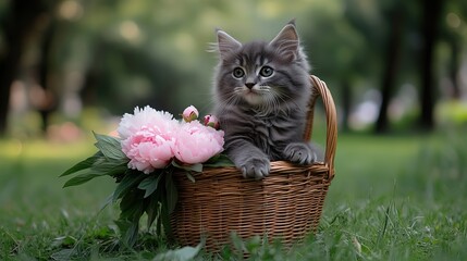 A small gray fluffy kitten of the Scottish breed sits in a wicker basket with a bouquet of peonies and looks sideways on the green grass