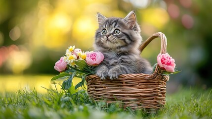 A small gray fluffy kitten of the Scottish breed sits in a wicker basket with a bouquet of peonies and looks sideways on the green grass