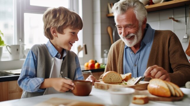 A cheerful boy feeds his smiling grandfather a piece of bread at a kitchen table, highlighting the loving and playful nature of their relationship.