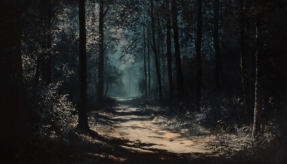 Obraz premium Dark Forest Path Symbolizing Journey Through Grief and Sorrow