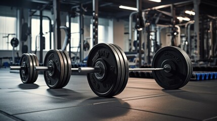 A pristine barbell rests on a gym floor amidst rows of sleek gym equipment, capturing the essence of strength training and focused workouts.